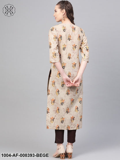 Beige With Multi Colored Floral Kurta With Solid Chocolate Brown Pants