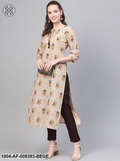Beige With Multi Colored Floral Kurta With Solid Chocolate Brown Pants