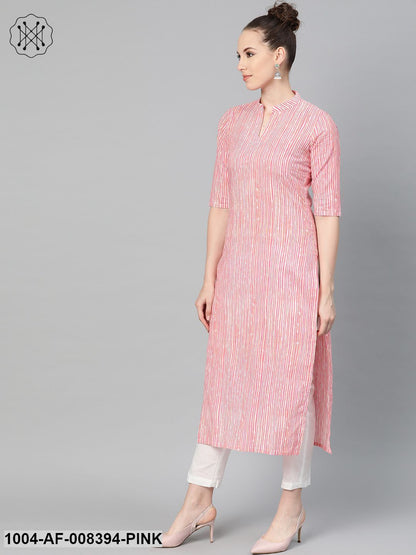 Pink & Off White Striped Printed Kurta With Solid White Pants
