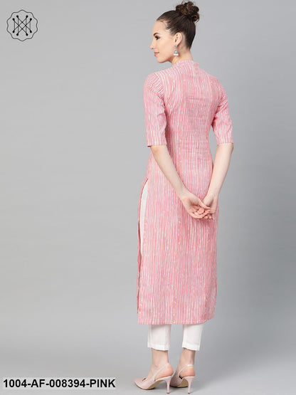 Pink & Off White Striped Printed Kurta With Solid White Pants