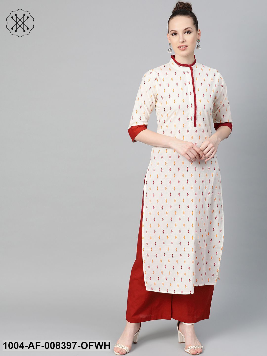 Off White With Multi Colored Geometric Print Kurta With Detailed Collar And Placket With Solid Maroon Pallazo
