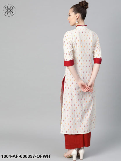 Off White With Multi Colored Geometric Print Kurta With Detailed Collar And Placket With Solid Maroon Pallazo
