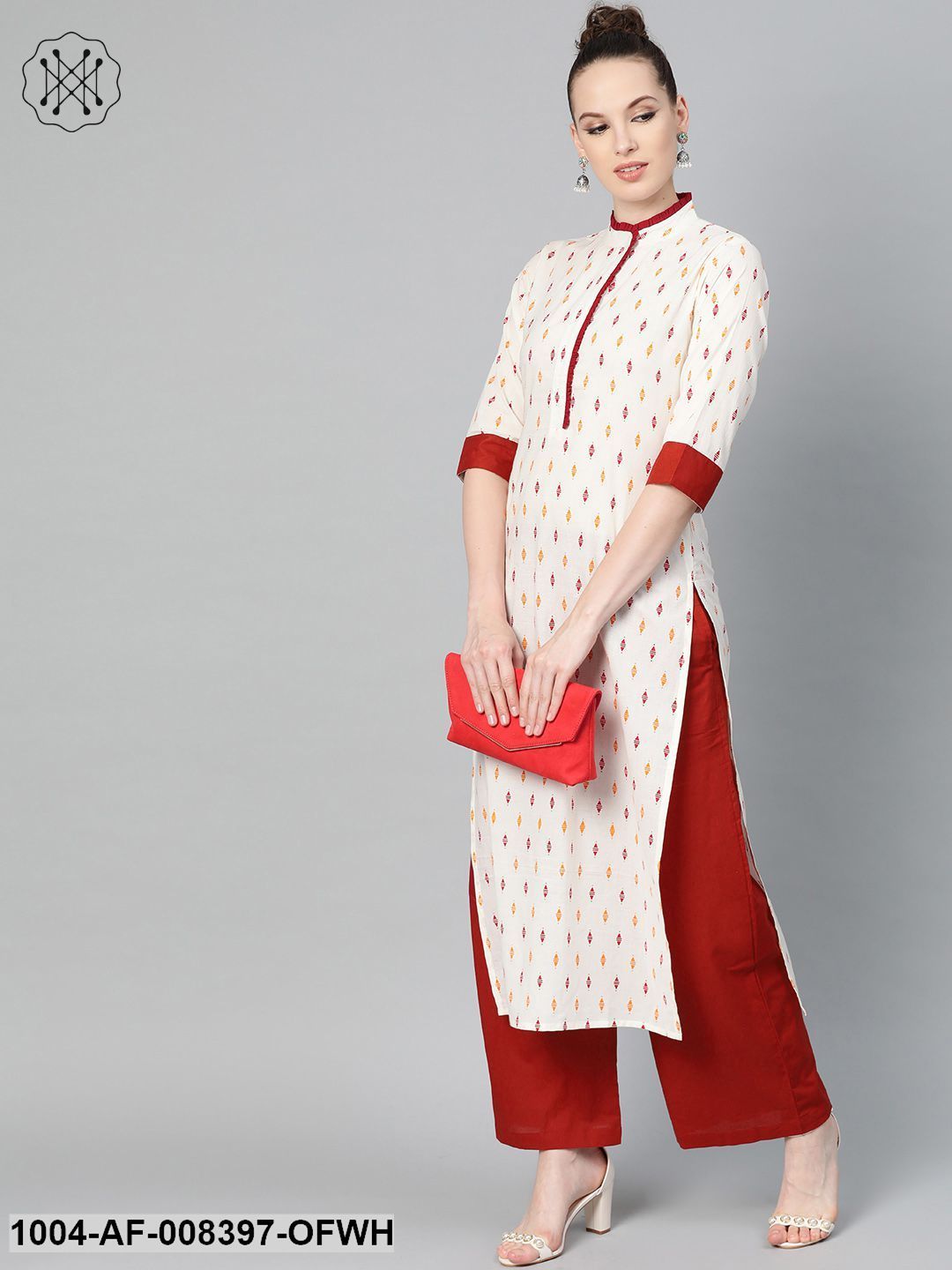 Off White With Multi Colored Geometric Print Kurta With Detailed Collar And Placket With Solid Maroon Pallazo