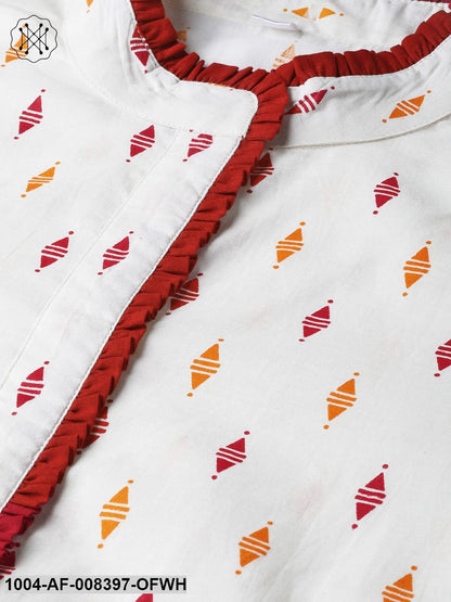 Off White With Multi Colored Geometric Print Kurta With Detailed Collar And Placket With Solid Maroon Pallazo