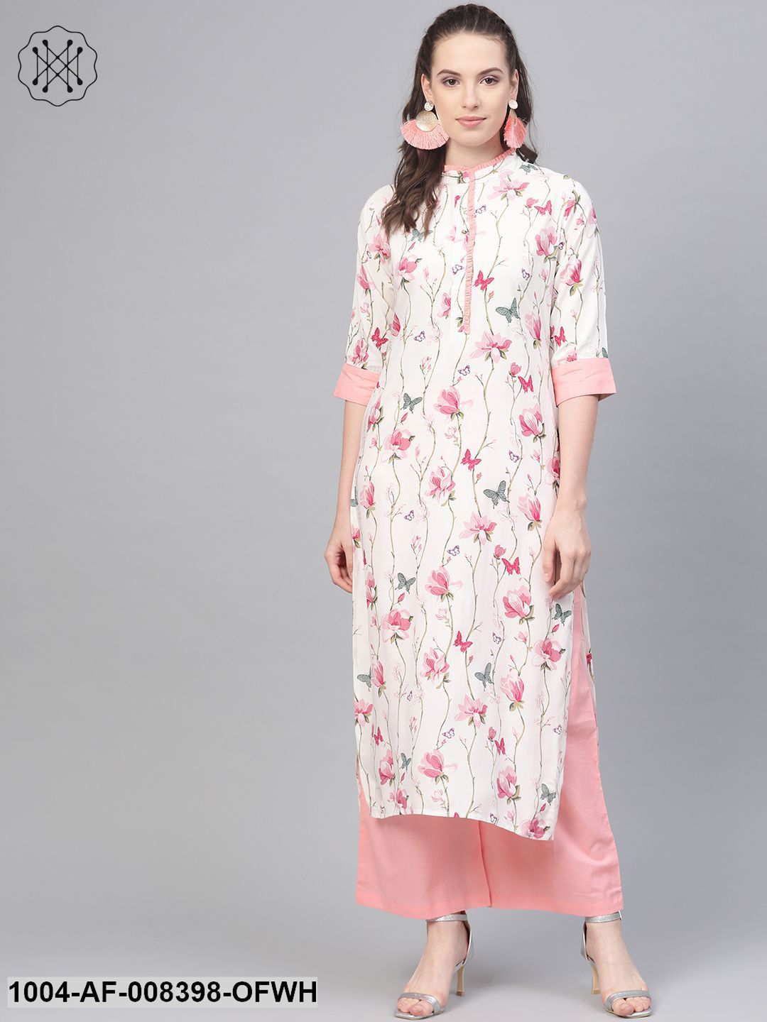 Off White Multi Colored Floral Kurta With Collar And Placket Detailing With Solid Light Pink Pallazos