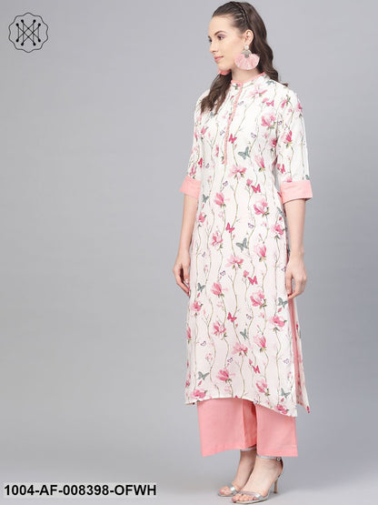 Off White Multi Colored Floral Kurta With Collar And Placket Detailing With Solid Light Pink Pallazos