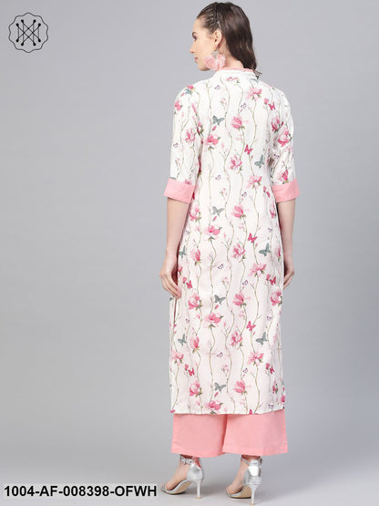 Off White Multi Colored Floral Kurta With Collar And Placket Detailing With Solid Light Pink Pallazos
