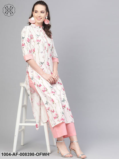 Off White Multi Colored Floral Kurta With Collar And Placket Detailing With Solid Light Pink Pallazos