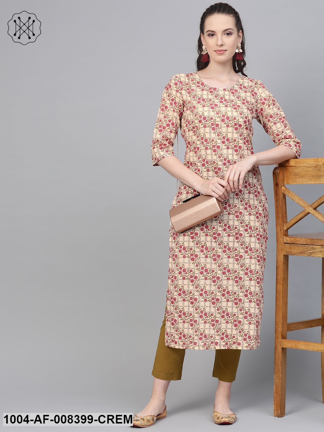 Cream & Multi Floral Printed Kurta With Solid Olive Green Pants
