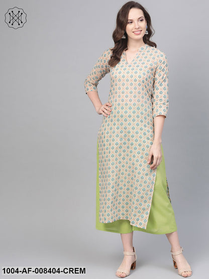 Cream Printed Kurta Set With Solid Green Pant