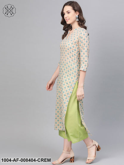Cream Printed Kurta Set With Solid Green Pant