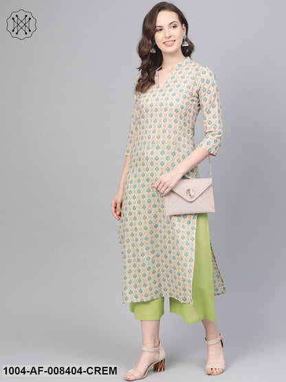 Cream Printed Kurta Set With Solid Green Pant