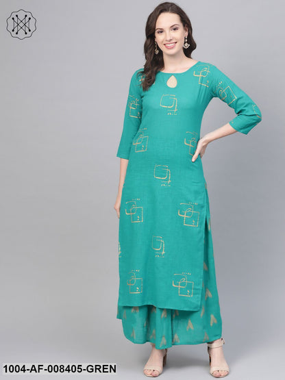Green Printed Kurta Set With Printed Skirt