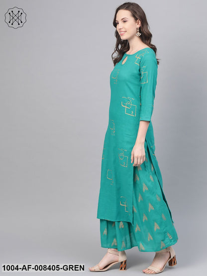 Green Printed Kurta Set With Printed Skirt