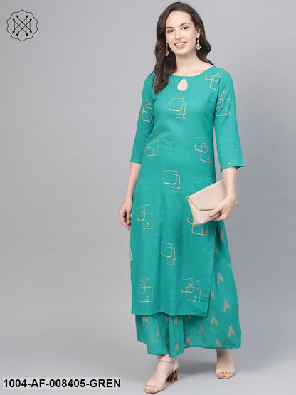 Green Printed Kurta Set With Printed Skirt