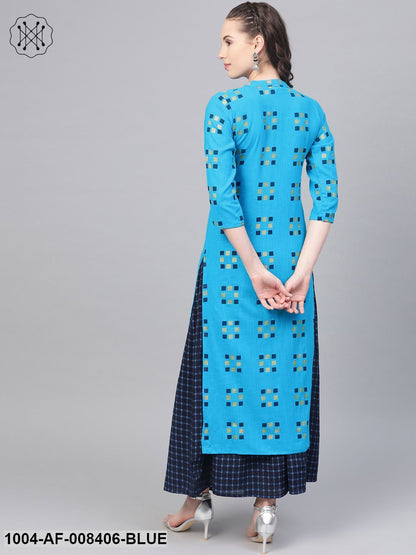 Blue And Beige Printed Kurta Set With Printed Skirt