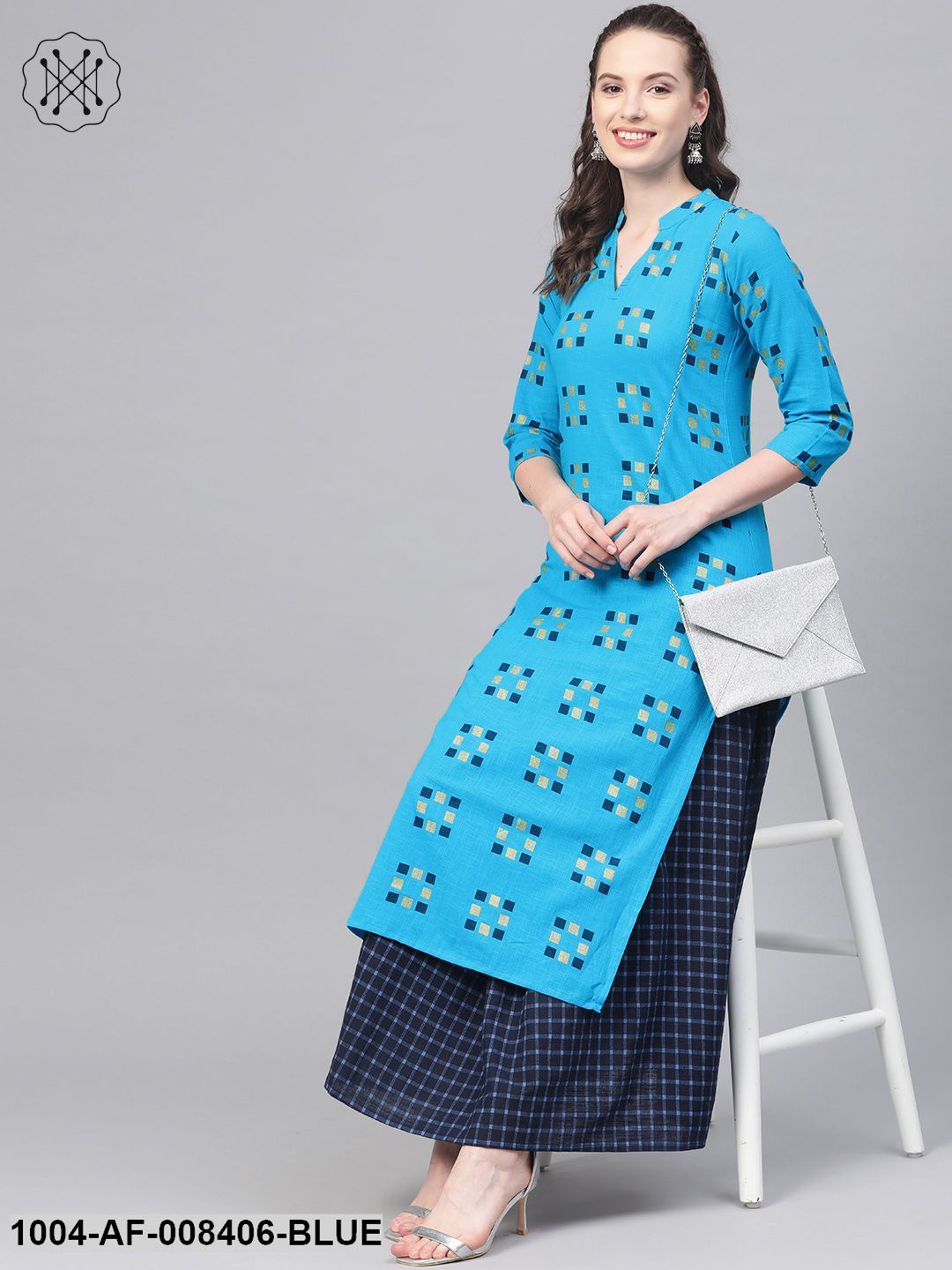 Blue And Beige Printed Kurta Set With Printed Skirt