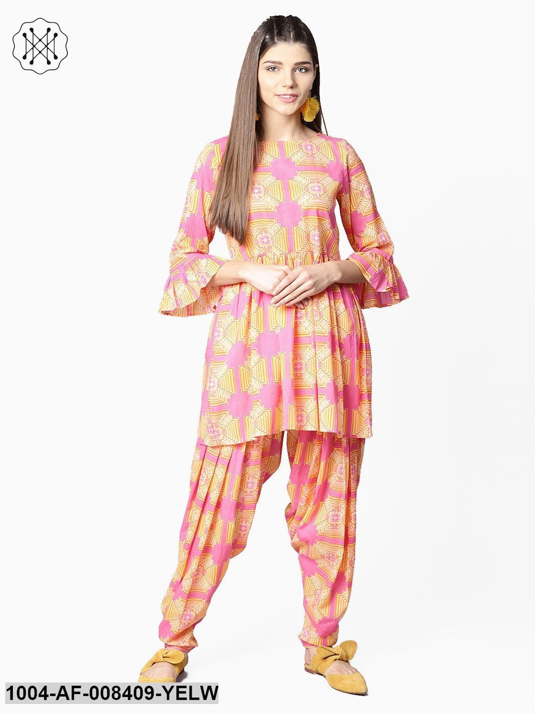 Yellow & Pink 3/4Th Sleeve Cotton Kurti With Ankle Length Salwar