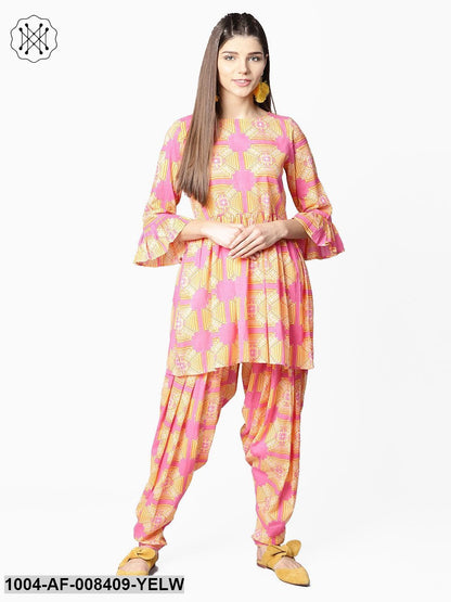 Yellow & Pink 3/4Th Sleeve Cotton Kurti With Ankle Length Salwar