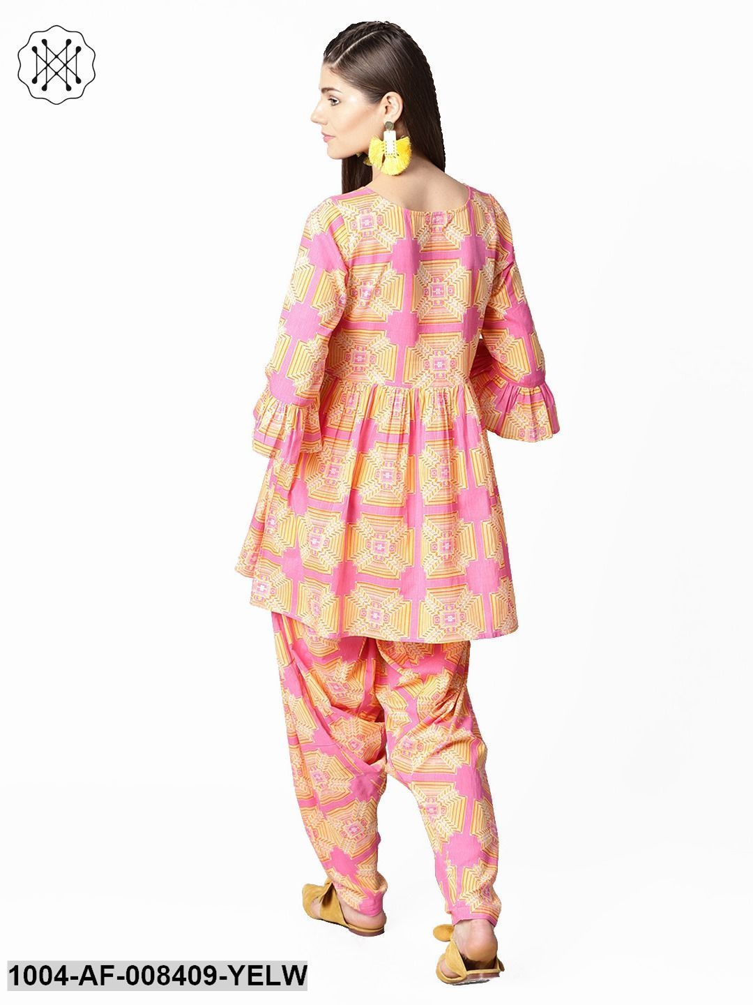 Yellow & Pink 3/4Th Sleeve Cotton Kurti With Ankle Length Salwar