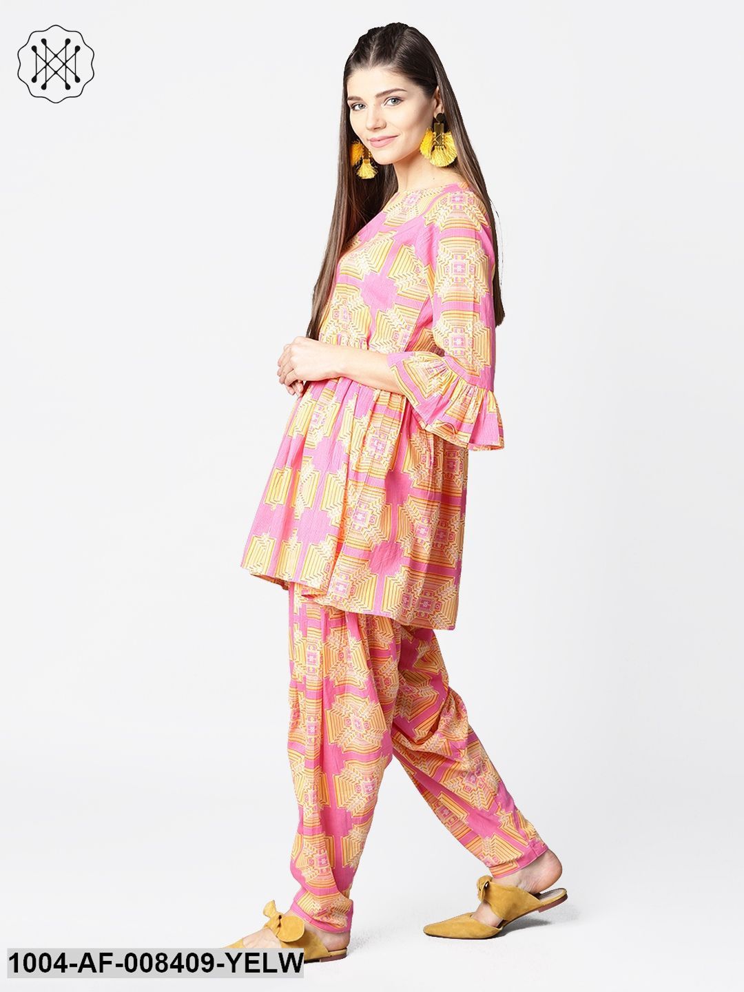 Yellow & Pink 3/4Th Sleeve Cotton Kurti With Ankle Length Salwar