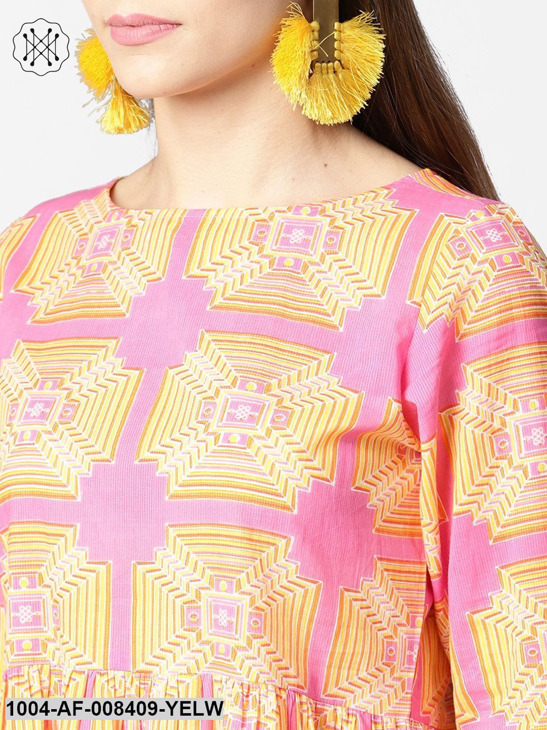 Yellow & Pink 3/4Th Sleeve Cotton Kurti With Ankle Length Salwar