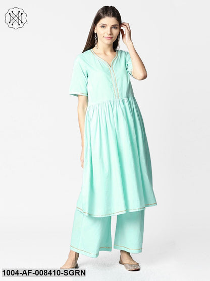 Sea Green Half Sleeve Cotton Anarkali Kurta With Ankle Length Pallazo
