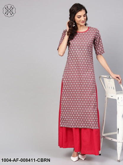 Brown Printed Half Sleeve Cotton Kurta With Maroon Solid Palazzo
