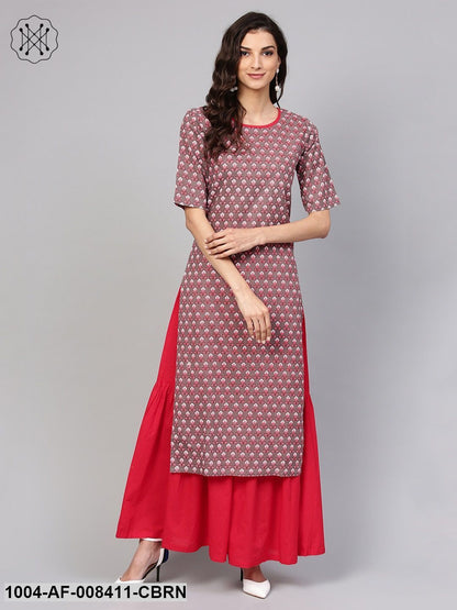 Brown Printed Half Sleeve Cotton Kurta With Maroon Solid Palazzo
