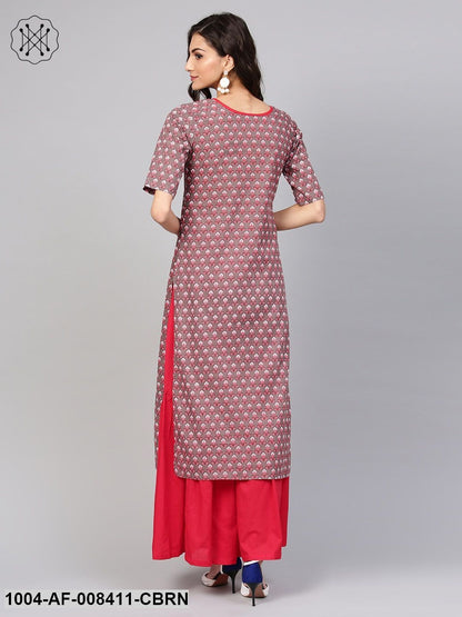 Brown Printed Half Sleeve Cotton Kurta With Maroon Solid Palazzo