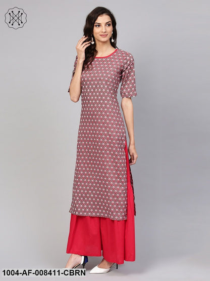 Brown Printed Half Sleeve Cotton Kurta With Maroon Solid Palazzo