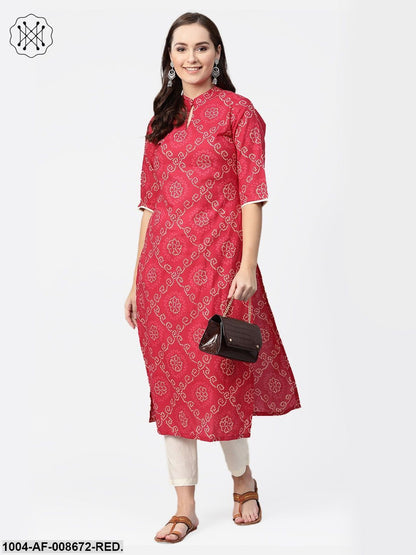 Red Bandhni printed kurta with solid cream pants