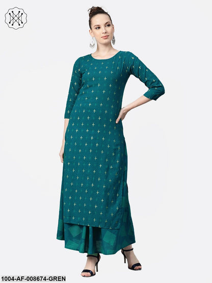 Teal green Gold Geometric printed Kurta set with Skirt