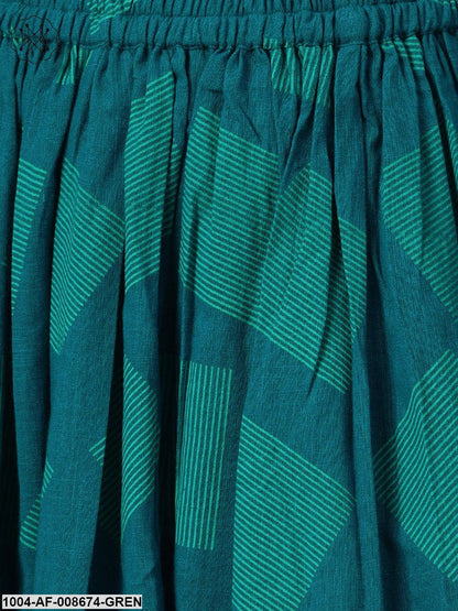 Teal green Gold Geometric printed Kurta set with Skirt