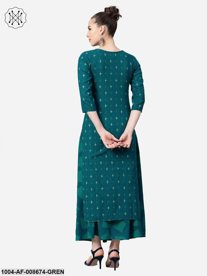 Teal green Gold Geometric printed Kurta set with Skirt