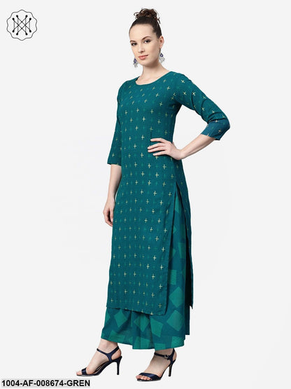 Teal green Gold Geometric printed Kurta set with Skirt