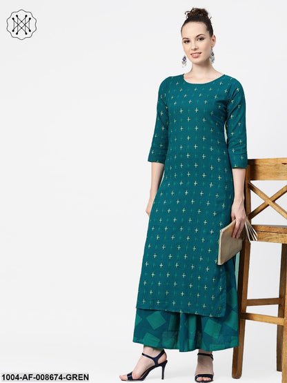 Teal green Gold Geometric printed Kurta set with Skirt