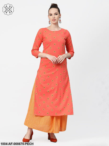 Peach & Mango Yellow Printed Kurta set with Skirt