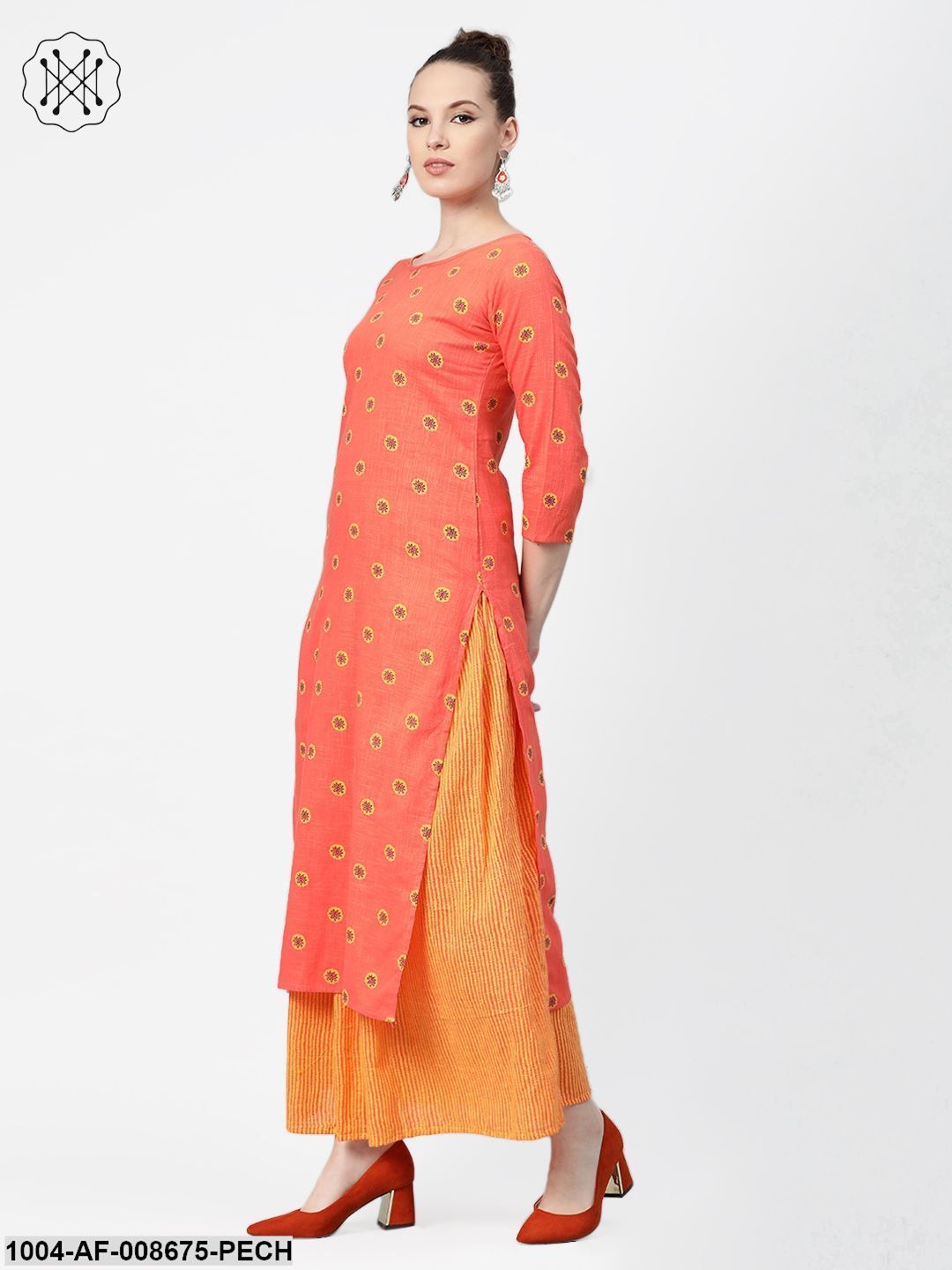 Peach & Mango Yellow Printed Kurta set with Skirt