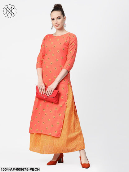 Peach & Mango Yellow Printed Kurta set with Skirt
