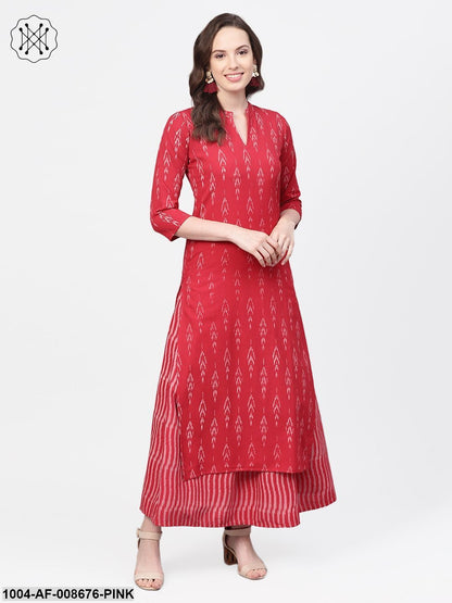Fascia Pink & grey Ikat printed Kurta set with Skirt