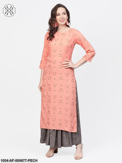 Peach & Grey Gold printed Straight Kurta set with Skirt