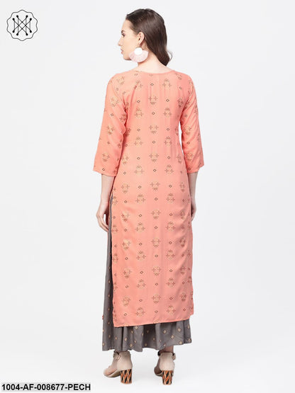 Peach & Grey Gold printed Straight Kurta set with Skirt
