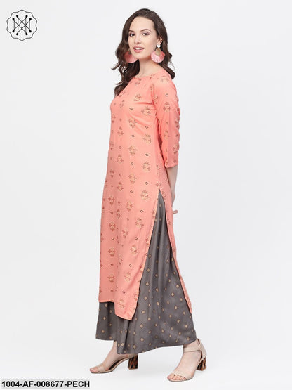 Peach & Grey Gold printed Straight Kurta set with Skirt