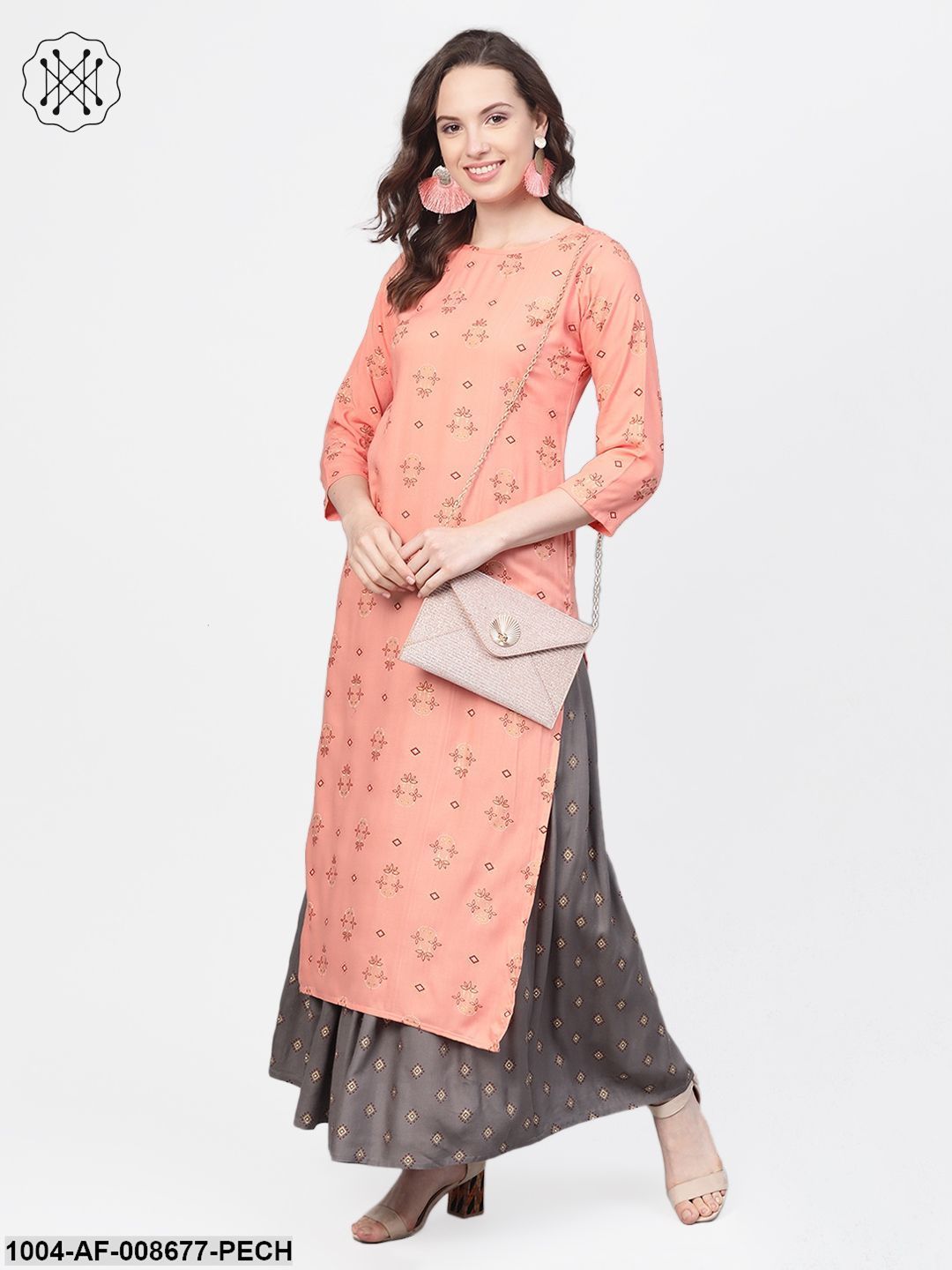 Peach & Grey Gold printed Straight Kurta set with Skirt
