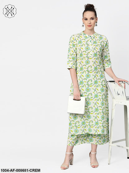 Cream & Yellow Multi Coloured floral printed Kurta set with Skirt