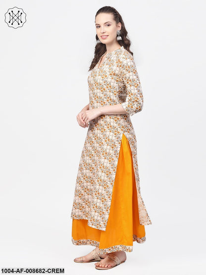 Cream & Yellow Gold floral printed Kurta set with Skirt
