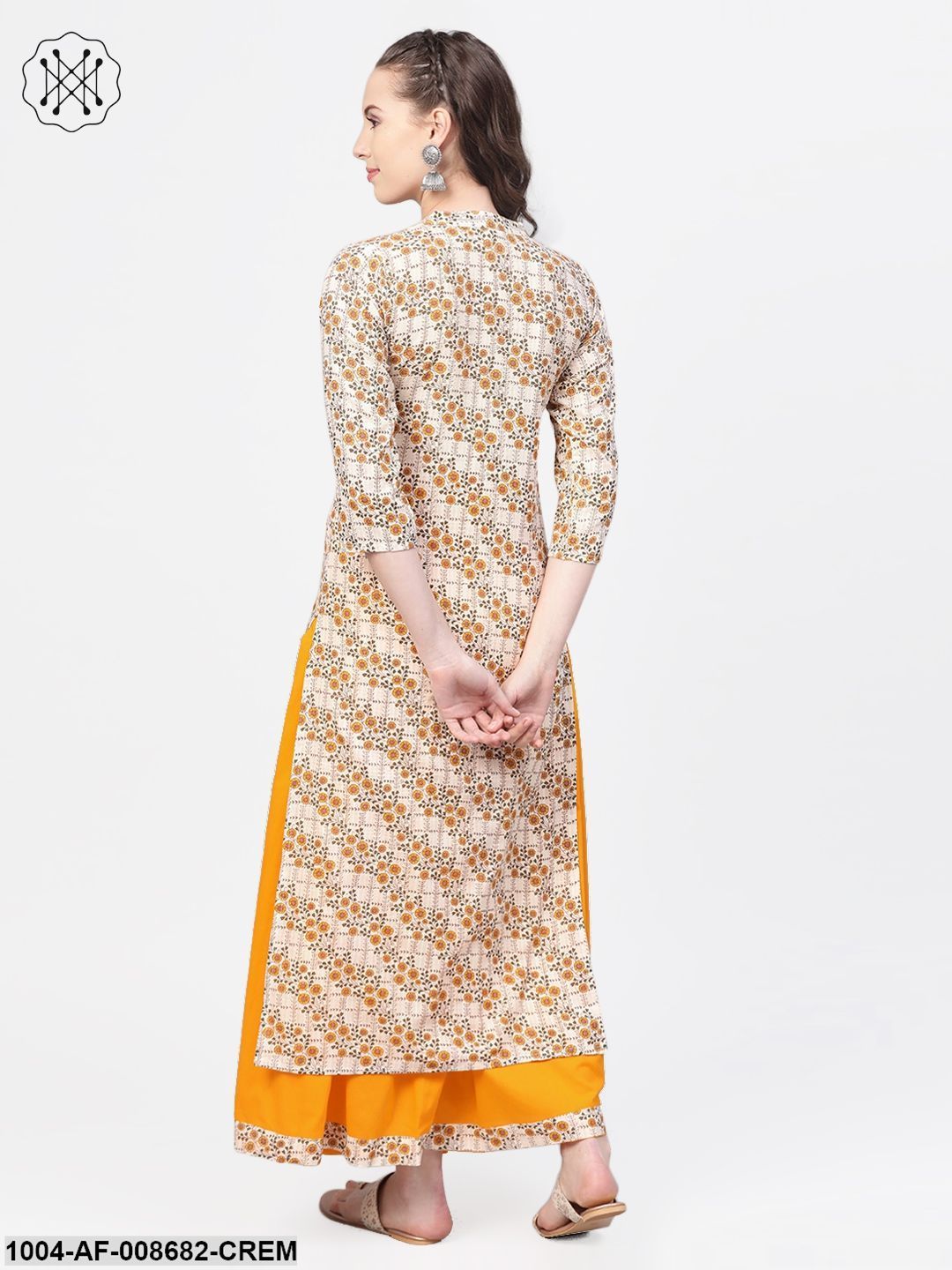Cream & Yellow Gold floral printed Kurta set with Skirt