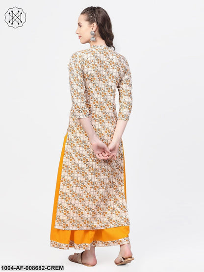 Cream & Yellow Gold floral printed Kurta set with Skirt