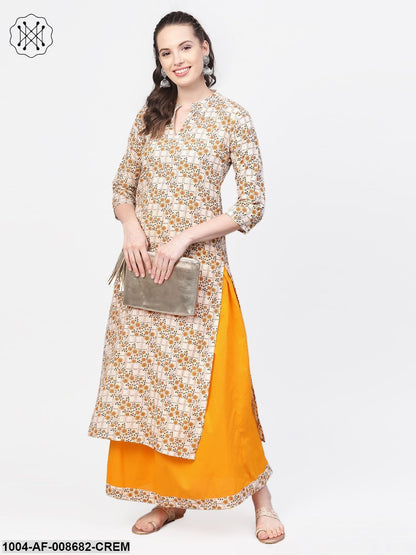 Cream & Yellow Gold floral printed Kurta set with Skirt